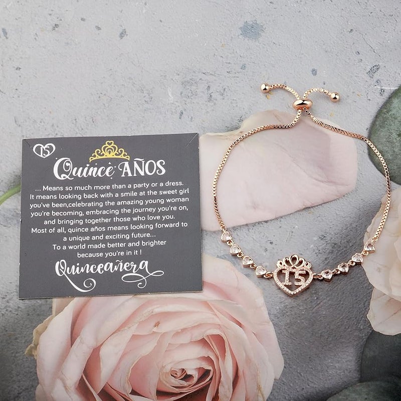 FEELMEM Quinceanera 15 Quince Anos Princess Crown Charm Bracelet Happy 15th Birthday Gift - Image 4