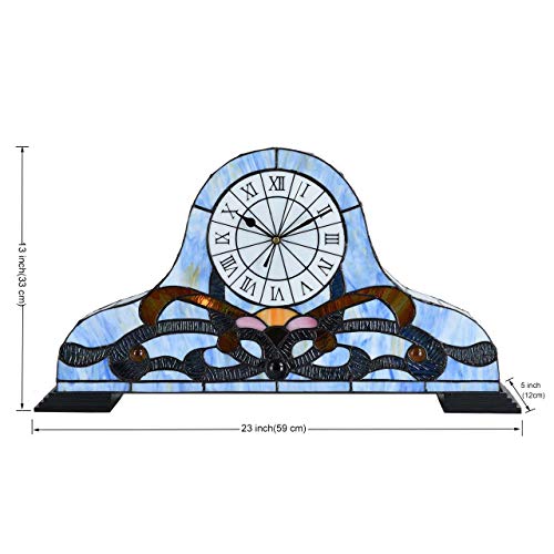 Bieye L10661 Baroque Desk Clock Tiffany Style Stained Glass Accent Table Lamp for Living Room Bedside Home Decoration, Night Light with Quartz Watch Inside (Blue) - Image 5