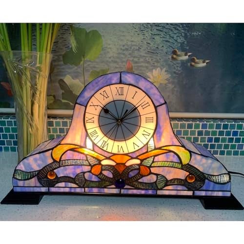 Bieye L10661 Baroque Desk Clock Tiffany Style Stained Glass Accent Table Lamp for Living Room Bedside Home Decoration, Night Light with Quartz Watch Inside (Blue) - Image 2