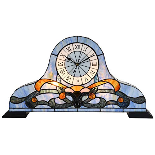 Bieye L10661 Baroque Desk Clock Tiffany Style Stained Glass Accent Table Lamp for Living Room Bedside Home Decoration, Night Light with Quartz Watch Inside (Blue) - Image 1