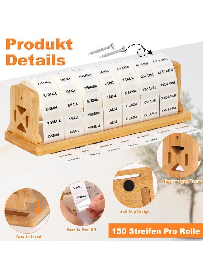DLUGOPIS 1050Pcs Clothing Size Label Dispenser with Clear Clothing Size Strip Labels 11.3*3.3*3.5inch Wooden Label Dispenser Label Stand Holder Sticker Roll Holder Organizer For Tshirt Size Stickers 7 Sizes - Image 3