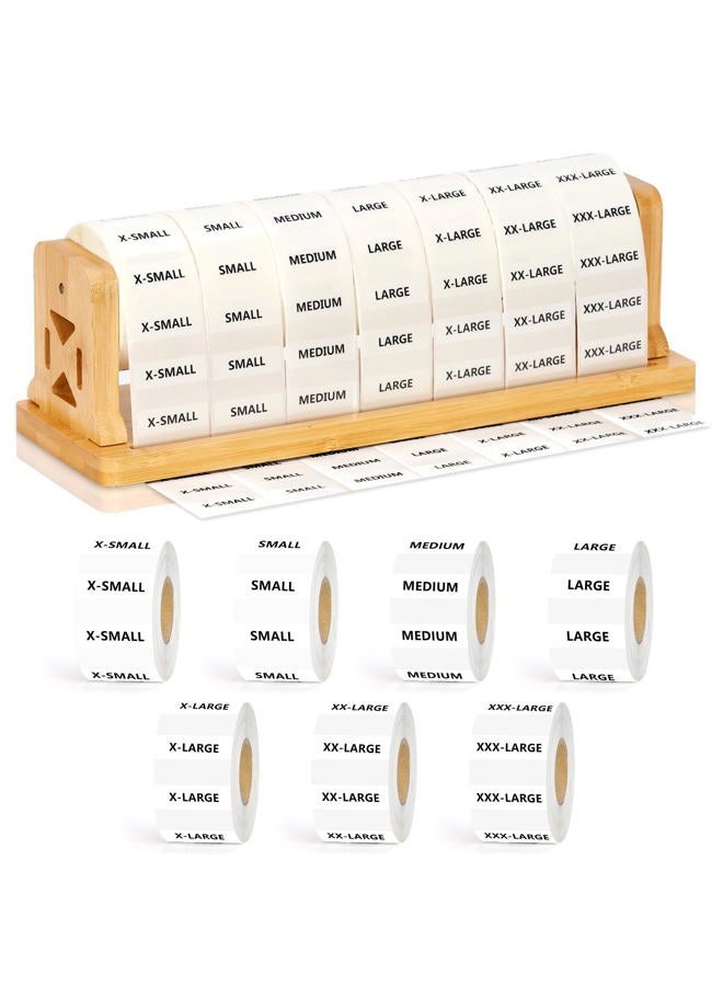 DLUGOPIS 1050Pcs Clothing Size Label Dispenser with Clear Clothing Size Strip Labels 11.3*3.3*3.5inch Wooden Label Dispenser Label Stand Holder Sticker Roll Holder Organizer For Tshirt Size Stickers 7 Sizes - Image 1