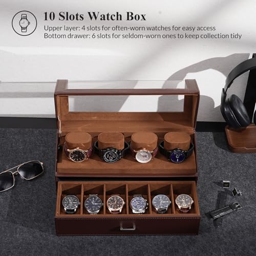 ProCase Watch Case for Men, 10 Slot Watch Display Stand with Acrylic Lid, Watch Display Case with Drawer, 2-Layer Mens Watch Box, Watch Holder Organizer for Men Women -Espresso - Image 4