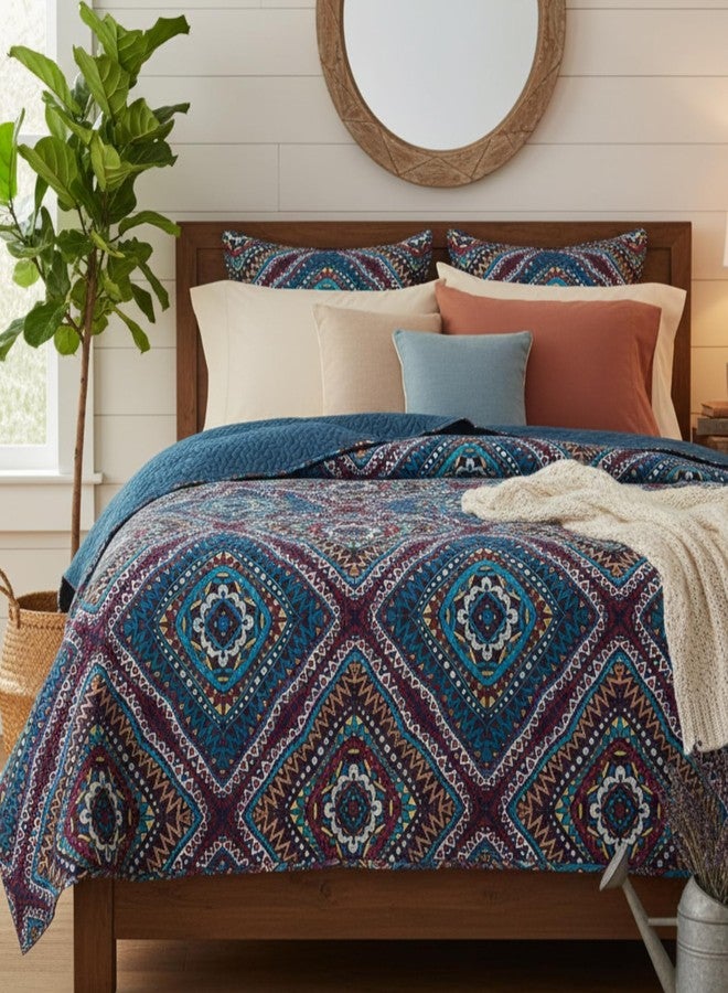 DaDa Bedding Rustic Southwestern Dark Navy Blue Bedspread Set Bohemian Native Geometric Diamond Patterns Quilted Coverlet Quilt Set - Queen Size - 3-Pieces - Image 1