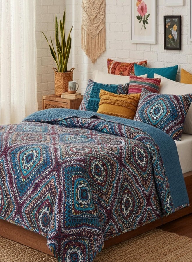 DaDa Bedding Rustic Southwestern Dark Navy Blue Bedspread Set Bohemian Native Geometric Diamond Patterns Quilted Coverlet Quilt Set - Queen Size - 3-Pieces - Image 3