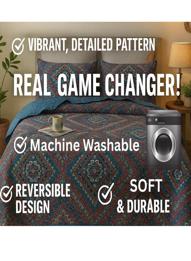 DaDa Bedding Rustic Southwestern Dark Navy Blue Bedspread Set Bohemian Native Geometric Diamond Patterns Quilted Coverlet Quilt Set - Queen Size - 3-Pieces - Image 2