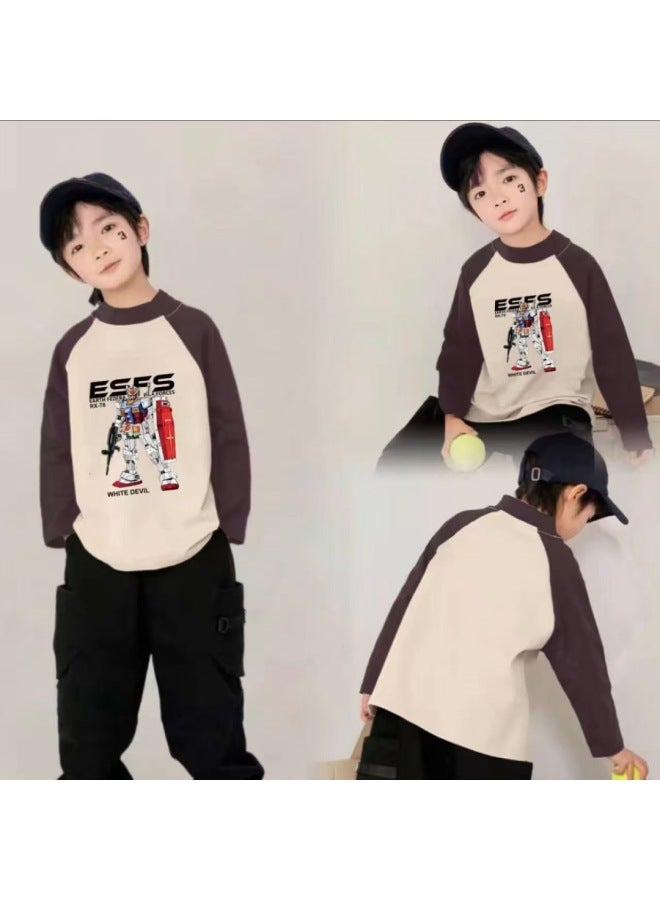 Boys' Autumn And Winter New Thermal Base Shirt, New Color-blocking Versatile Trendy Long-sleeve T-shirt For Older Children - Image 1