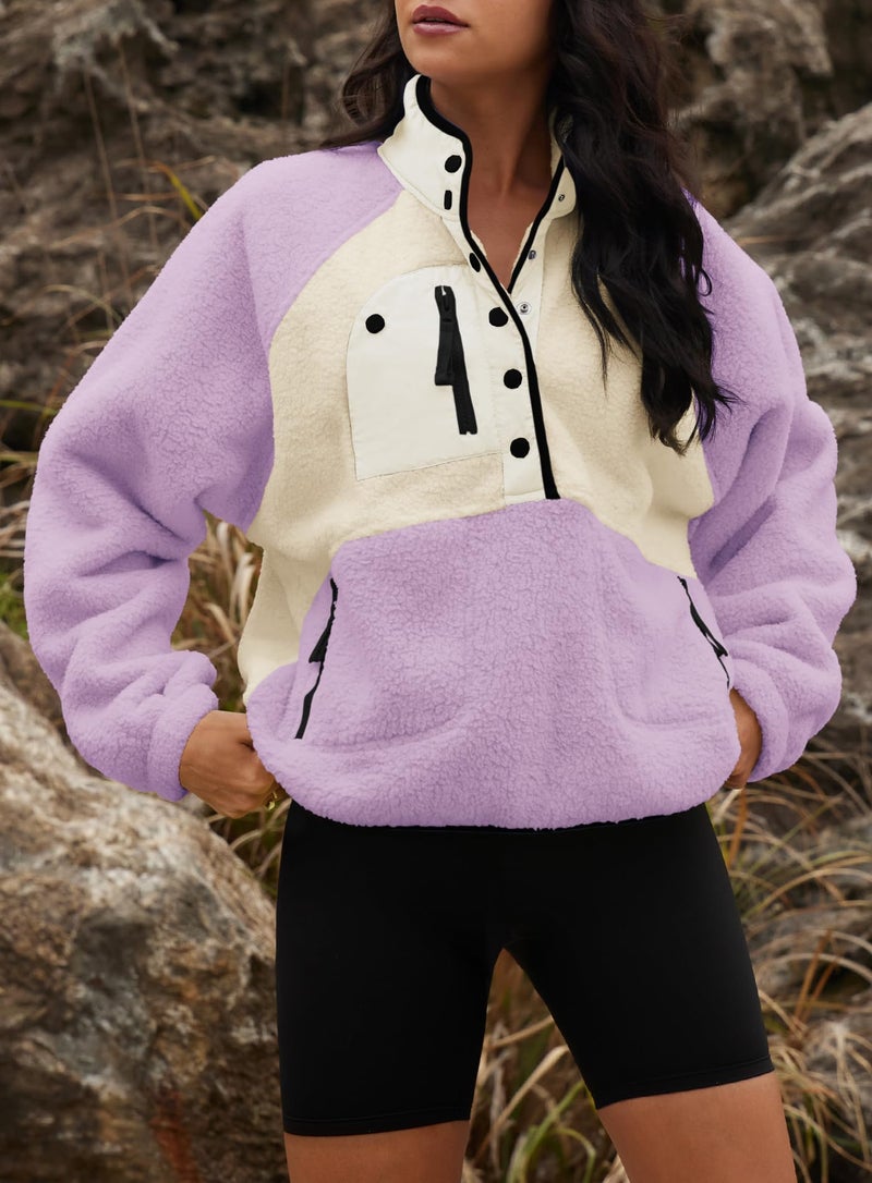 Yanekop Sherpa Jacket Women Fuzzy Pullover Sweaters Winter Fleece Sweatshirt Button Up Pullover Sherpa Outerwear(Light Purple Beige,L) - Image 5