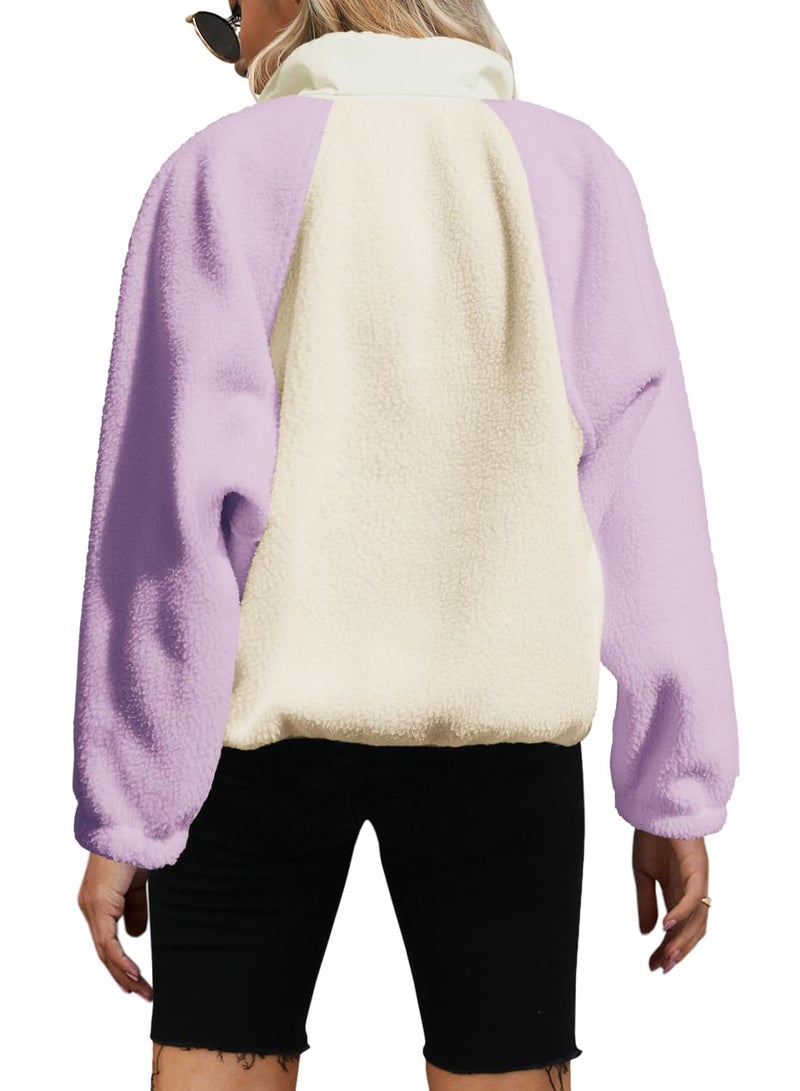 Yanekop Sherpa Jacket Women Fuzzy Pullover Sweaters Winter Fleece Sweatshirt Button Up Pullover Sherpa Outerwear(Light Purple Beige,L) - Image 2