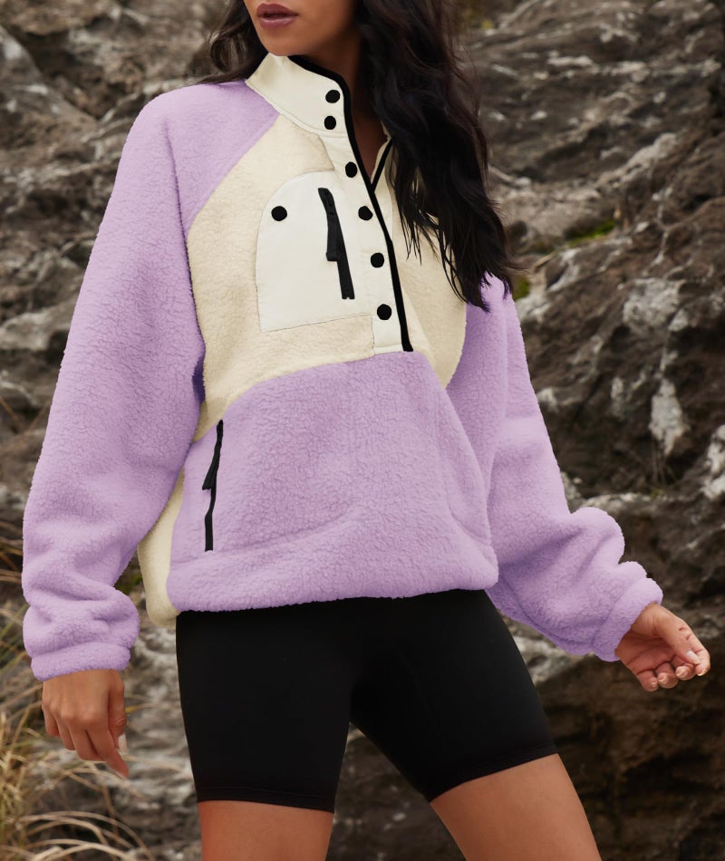 Yanekop Sherpa Jacket Women Fuzzy Pullover Sweaters Winter Fleece Sweatshirt Button Up Pullover Sherpa Outerwear(Light Purple Beige,L) - Image 4