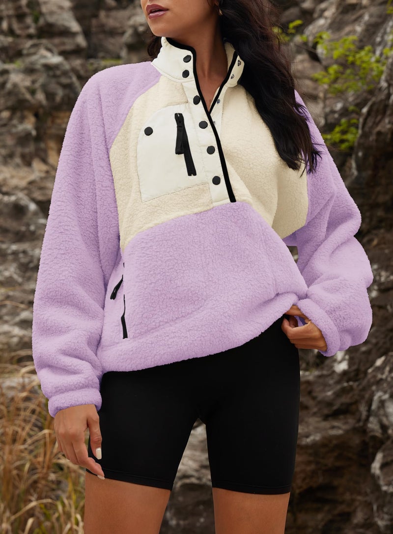 Yanekop Sherpa Jacket Women Fuzzy Pullover Sweaters Winter Fleece Sweatshirt Button Up Pullover Sherpa Outerwear(Light Purple Beige,L) - Image 3