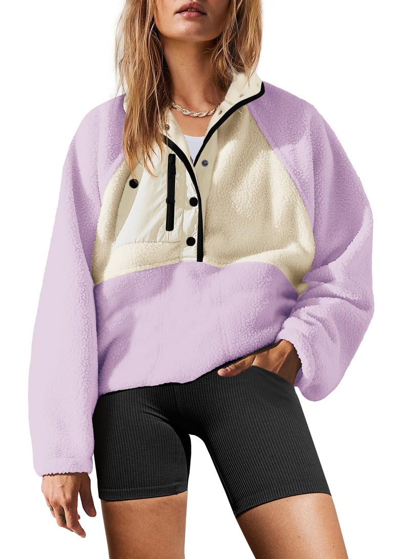 Yanekop Sherpa Jacket Women Fuzzy Pullover Sweaters Winter Fleece Sweatshirt Button Up Pullover Sherpa Outerwear(Light Purple Beige,L) - Image 1
