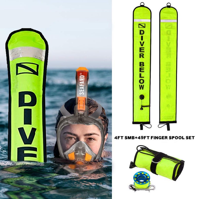 Seafard 4ft Yellow Scuba Diving Open Bottom Surface Marker Buoy (SMB) with 49ft Finger Spool Alloy Dive Reel and Double Ended Bolt Clip - Blue - Image 2