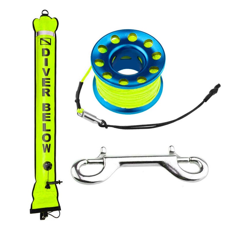 Seafard 4ft Yellow Scuba Diving Open Bottom Surface Marker Buoy (SMB) with 49ft Finger Spool Alloy Dive Reel and Double Ended Bolt Clip - Blue - Image 1