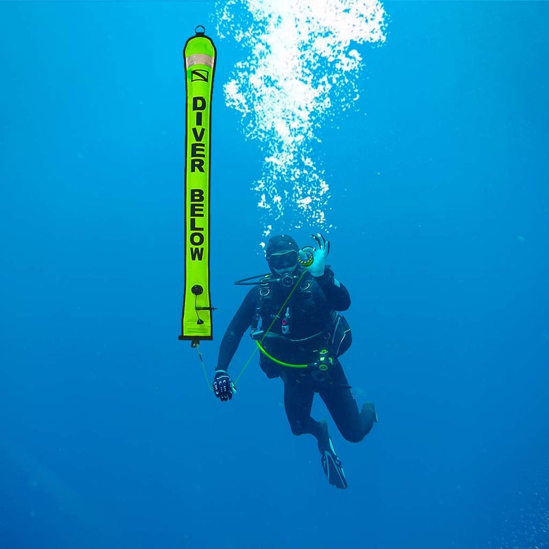 Seafard 4ft Yellow Scuba Diving Open Bottom Surface Marker Buoy (SMB) with 49ft Finger Spool Alloy Dive Reel and Double Ended Bolt Clip - Blue - Image 3