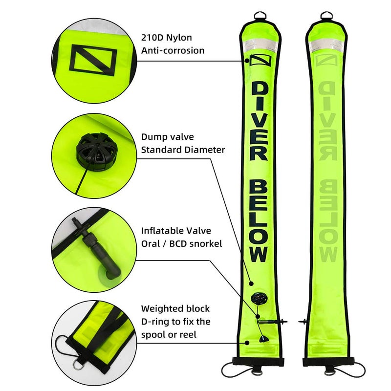Seafard 4ft Yellow Scuba Diving Open Bottom Surface Marker Buoy (SMB) with 49ft Finger Spool Alloy Dive Reel and Double Ended Bolt Clip - Blue - Image 4