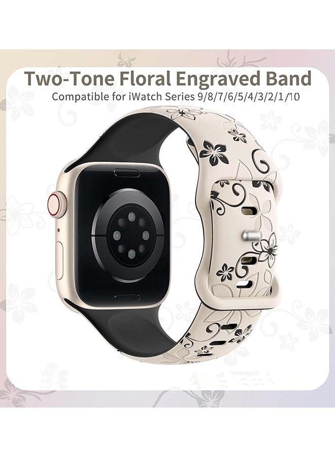Apple Watch Strap, Floral Engraved Bands Compatible with Apple Watch Band 41mm 40mm 44mm 45mm 42mm 38mm 49mm 46mm for Women,Cute Flower iWatch Bands Soft Silicone Sport Strap for iWatch Series SE 10 9 8 7 6 5 4 3 Ultra  - Image 2