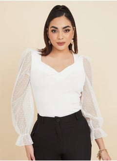 Mesh Polka Sleeve Sweetheart Neck Fitted Blouse