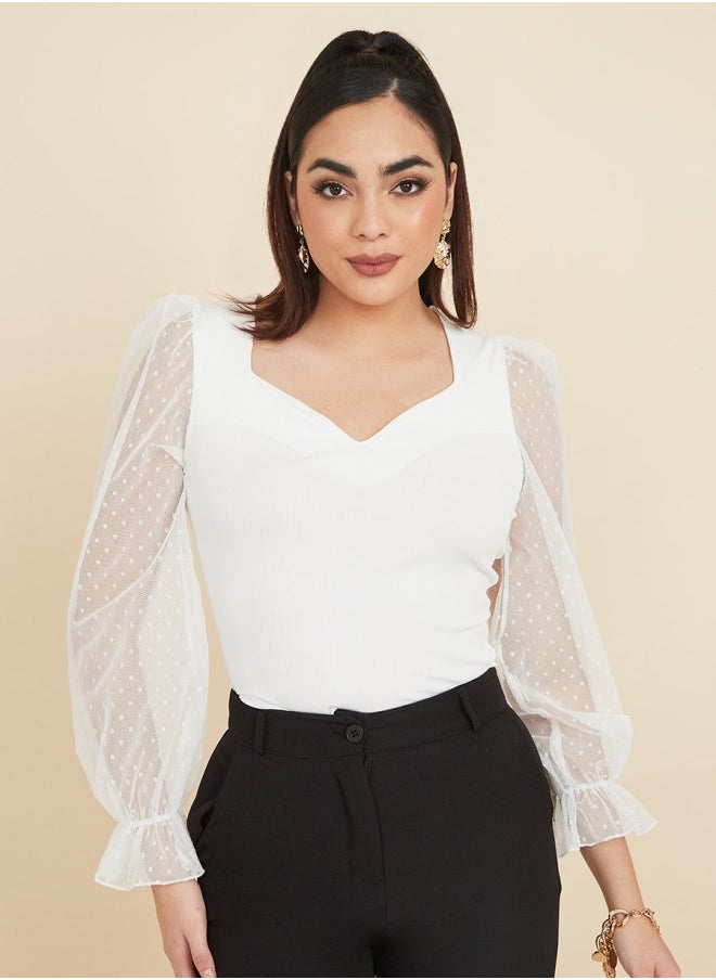 Styli - Mesh Polka Sleeve Sweetheart Neck Fitted Blouse - Image 1