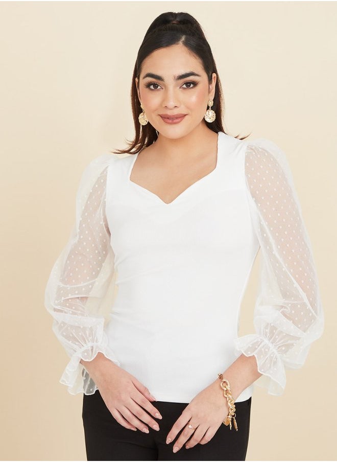 Styli - Mesh Polka Sleeve Sweetheart Neck Fitted Blouse - Image 1