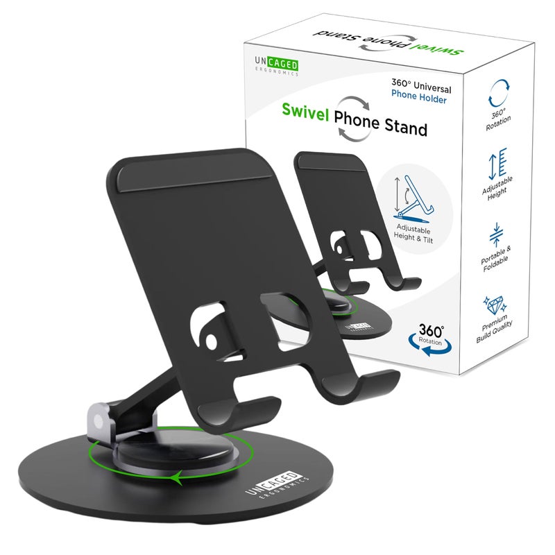 Uncaged Ergonomics 360Â° Swivel Rotating Adjustable Phone Stand for Desk, Portable & Foldable Cell Phone Stand for Desk, Compact Mobile Stand for Tabletop, Office, Kitchen & Bedroom (Black) - Image 1
