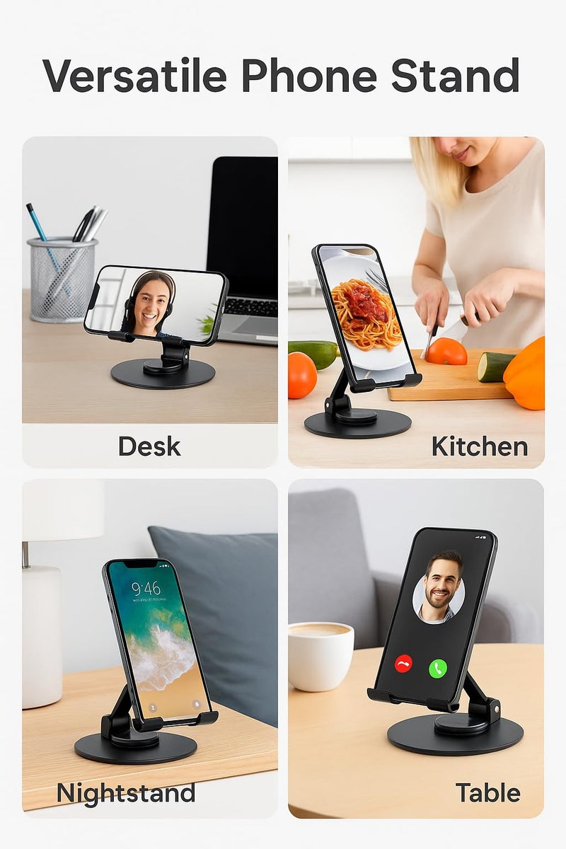 Uncaged Ergonomics 360Â° Swivel Rotating Adjustable Phone Stand for Desk, Portable & Foldable Cell Phone Stand for Desk, Compact Mobile Stand for Tabletop, Office, Kitchen & Bedroom (Black) - Image 5