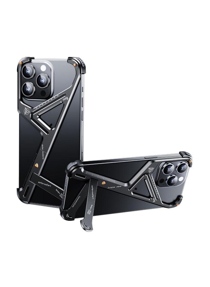 SYOSI Case for iPhone 15/15 Pro/15 Pro Max, Durable Metal Frame, Geometric with Stand, Anti-Scratch Lens Protection, Easy Installation, Bumper Case Sleek Minimalist Frameless Aluminum Shells, Black - Image 1
