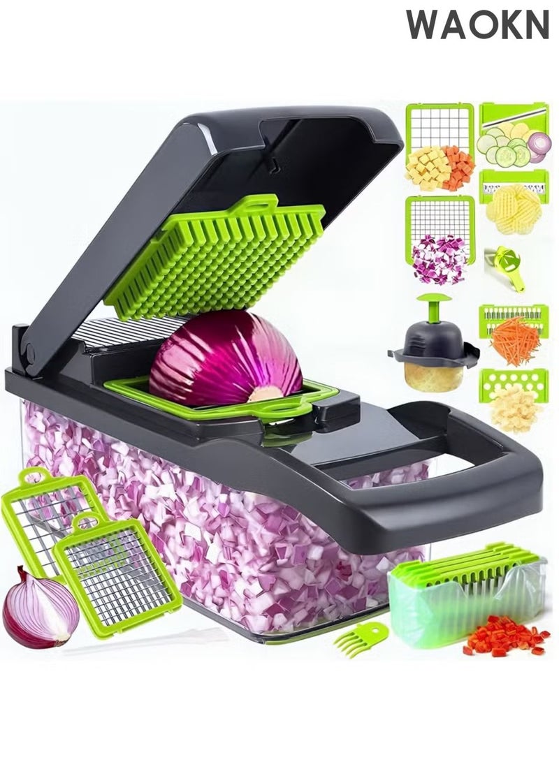 WAOKN 14 in 1 multi-function vegetable and fruit chopper , replaceable blade chopper, slicer set , suitable for home kitchen , Durable and sturdy, safe and convenient , Efficient and fast, saving time , green . - Image 1