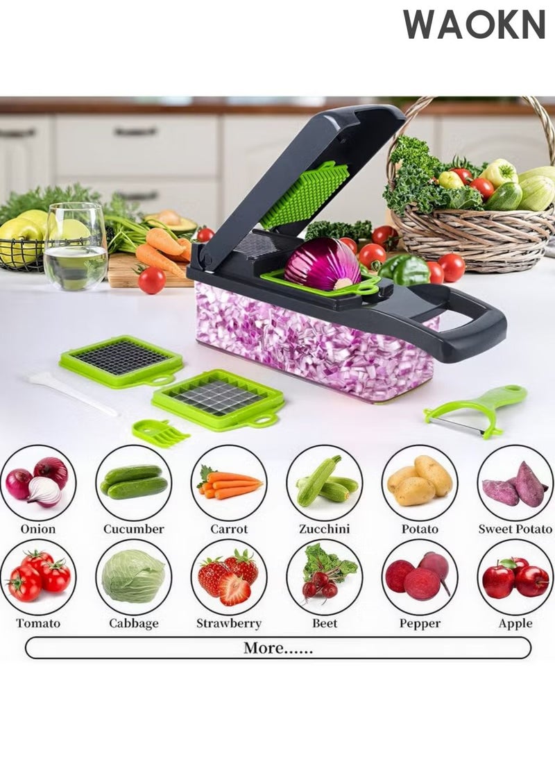 WAOKN 14 in 1 multi-function vegetable and fruit chopper , replaceable blade chopper, slicer set , suitable for home kitchen , Durable and sturdy, safe and convenient , Efficient and fast, saving time , green . - Image 3