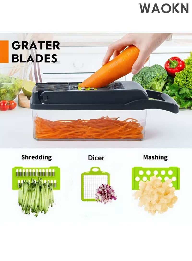 WAOKN 14 in 1 multi-function vegetable and fruit chopper , replaceable blade chopper, slicer set , suitable for home kitchen , Durable and sturdy, safe and convenient , Efficient and fast, saving time , green . - Image 4