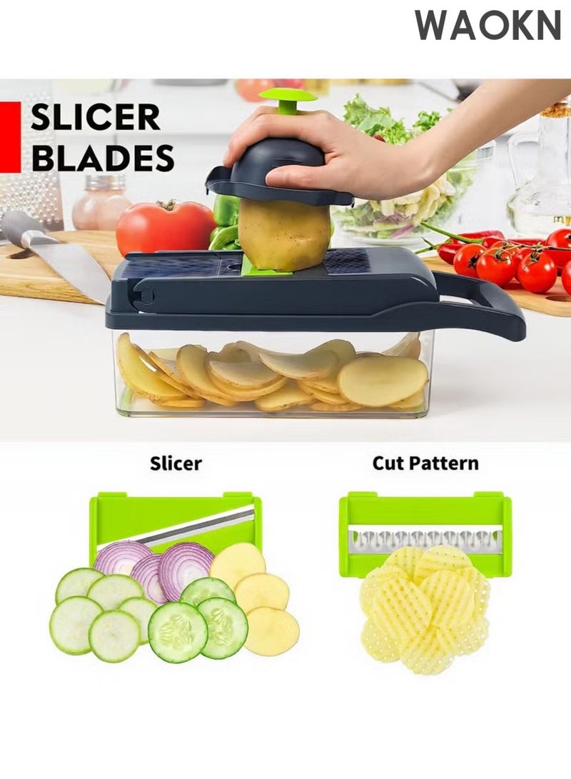 WAOKN 14 in 1 multi-function vegetable and fruit chopper , replaceable blade chopper, slicer set , suitable for home kitchen , Durable and sturdy, safe and convenient , Efficient and fast, saving time , green . - Image 2