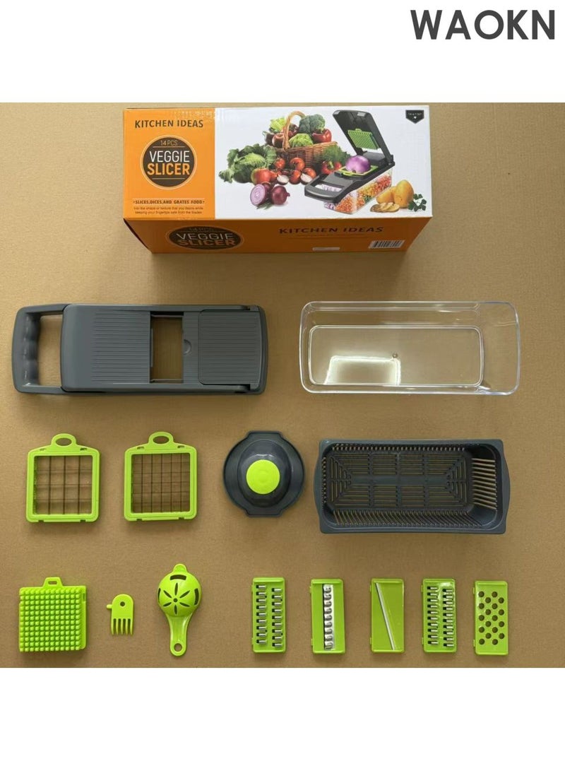 WAOKN 14 in 1 multi-function vegetable and fruit chopper , replaceable blade chopper, slicer set , suitable for home kitchen , Durable and sturdy, safe and convenient , Efficient and fast, saving time , green . - Image 5