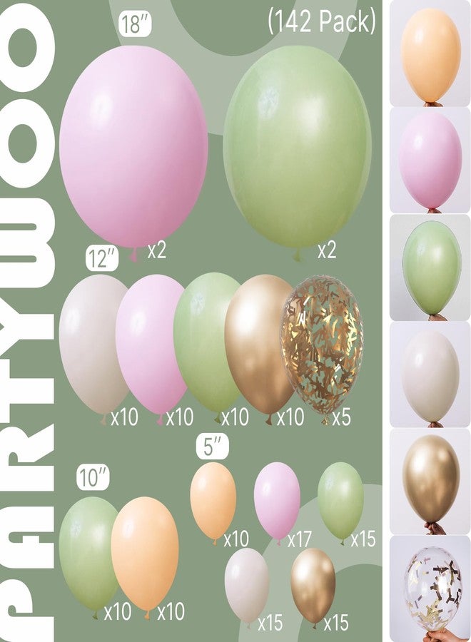 PartyWoo Pink and Green Balloon Arch Kit Garland 142pcs Different Sizes of 18 12 10 5 Inch Metallic Gold Baby Pink Sage Green Sand White Nude Gold Confetti Balloons for Birthday Party Decorations - Image 2