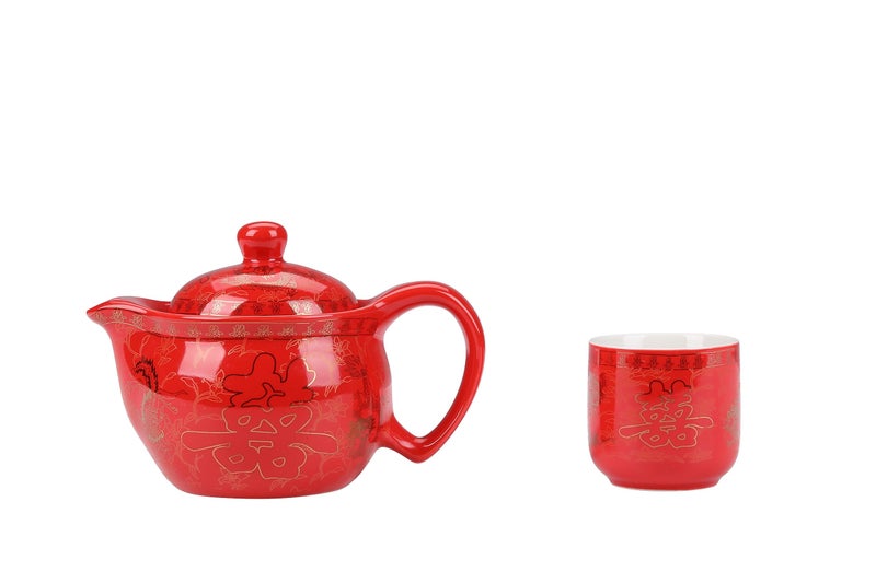 I-MART Chinese Tea Set Traditional Red Ceramic with Chinese Teapot and 6 Porcelain Teacups, Asian Gongfu Style Collection for Tea Ceremony, Chinese Wedding Gift with Fabric Box - Image 4