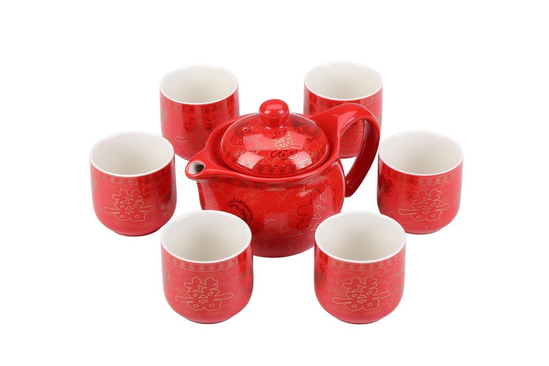 I-MART Chinese Tea Set Traditional Red Ceramic with Chinese Teapot and 6 Porcelain Teacups, Asian Gongfu Style Collection for Tea Ceremony, Chinese Wedding Gift with Fabric Box - Image 2