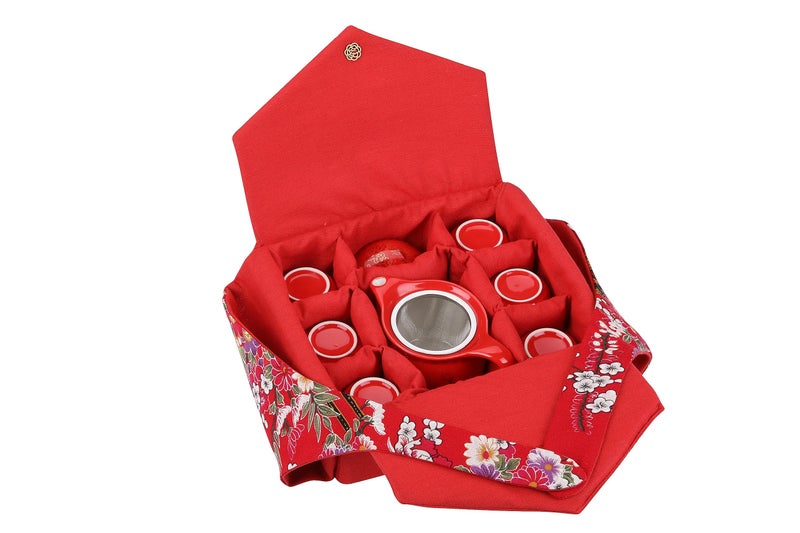 I-MART Chinese Tea Set Traditional Red Ceramic with Chinese Teapot and 6 Porcelain Teacups, Asian Gongfu Style Collection for Tea Ceremony, Chinese Wedding Gift with Fabric Box - Image 3