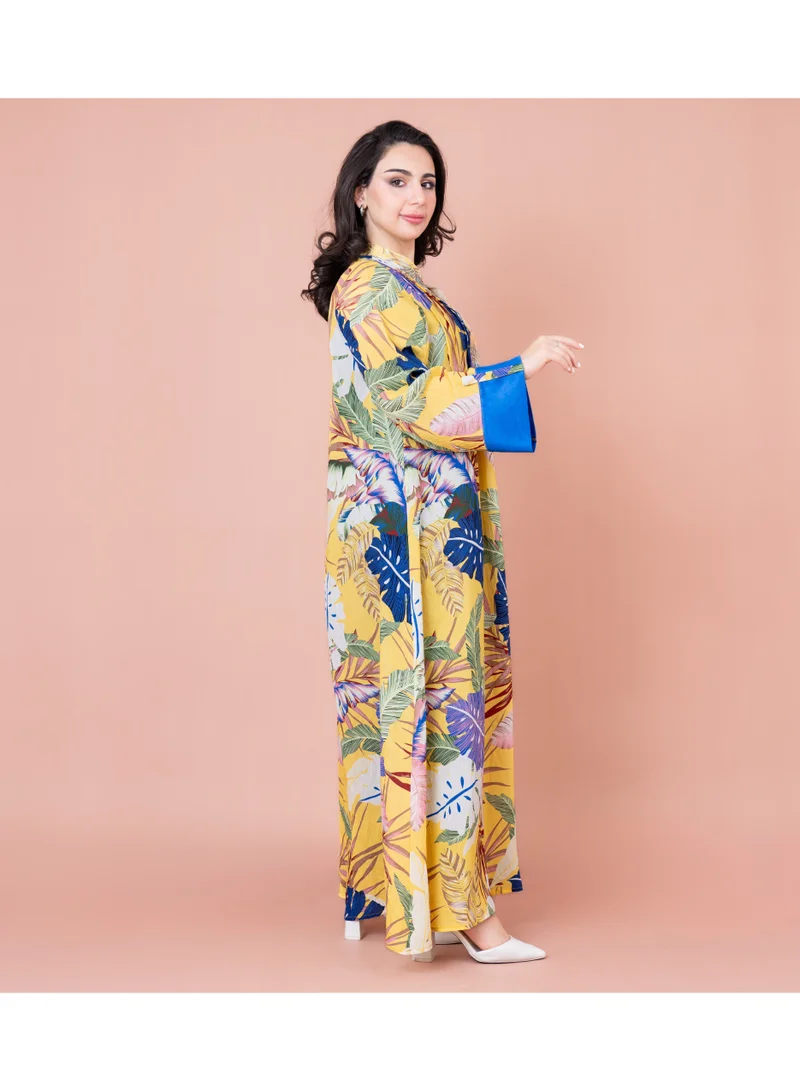 IKKXA Embroidered Leaf Blossom Jalabiya IK1031 Yellow