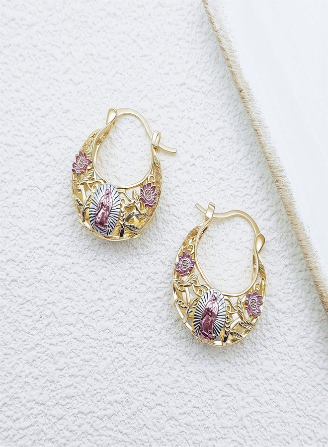 Dvehdbay Virgen De Guadalupe Earrings - Virgin Mary Guadalupe Earrings, Virgen De Guadalupe Earring for Women, Copper Plated with Gold Virgin Mary Flower Basket Earring，Virgin Mary Catholic Jewelry (Gold) - Image 3