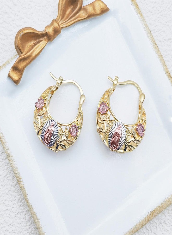 Dvehdbay Virgen De Guadalupe Earrings - Virgin Mary Guadalupe Earrings, Virgen De Guadalupe Earring for Women, Copper Plated with Gold Virgin Mary Flower Basket Earring，Virgin Mary Catholic Jewelry (Gold) - Image 4