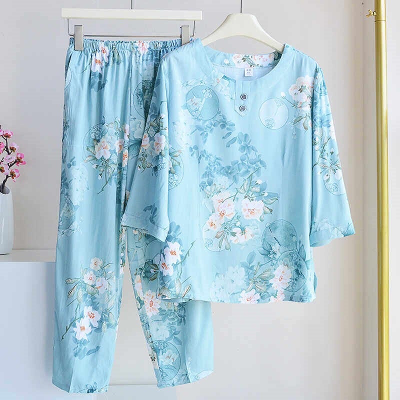 Middle-Aged and Elderly Women''s Summer Thin Cotton Silk Pajamas, Two-Piece Loose Cotton Silk Home Wear Set with Medium Sleeves - Image 2