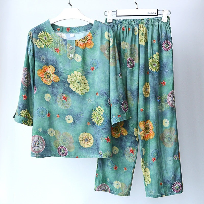 Middle-Aged and Elderly Women''s Summer Thin Cotton Silk Pajamas, Two-Piece Loose Cotton Silk Home Wear Set with Medium Sleeves - Image 1