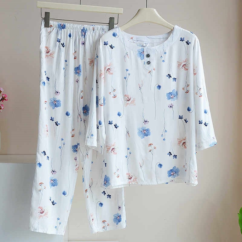 Middle-Aged and Elderly Women''s Summer Thin Cotton Silk Pajamas, Two-Piece Loose Cotton Silk Home Wear Set with Medium Sleeves - Image 5
