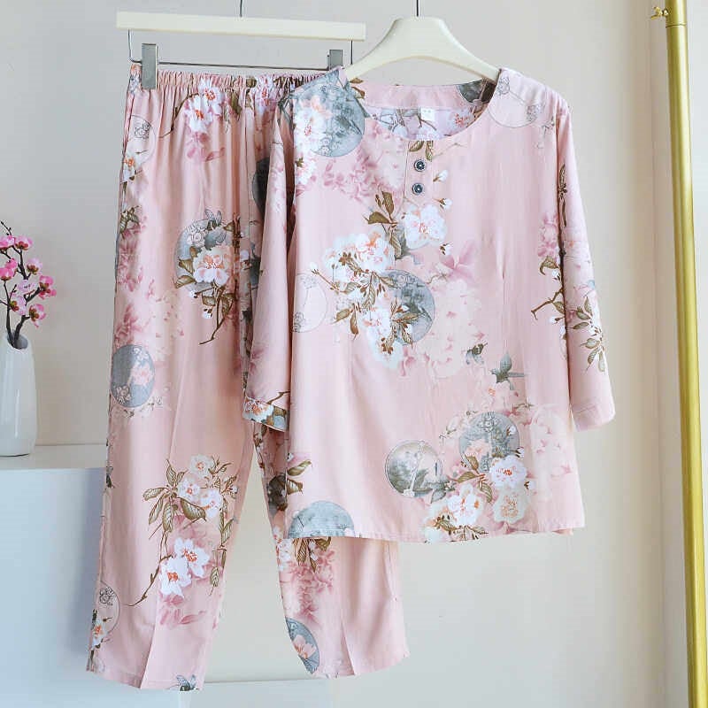 Middle-Aged and Elderly Women''s Summer Thin Cotton Silk Pajamas, Two-Piece Loose Cotton Silk Home Wear Set with Medium Sleeves - Image 3