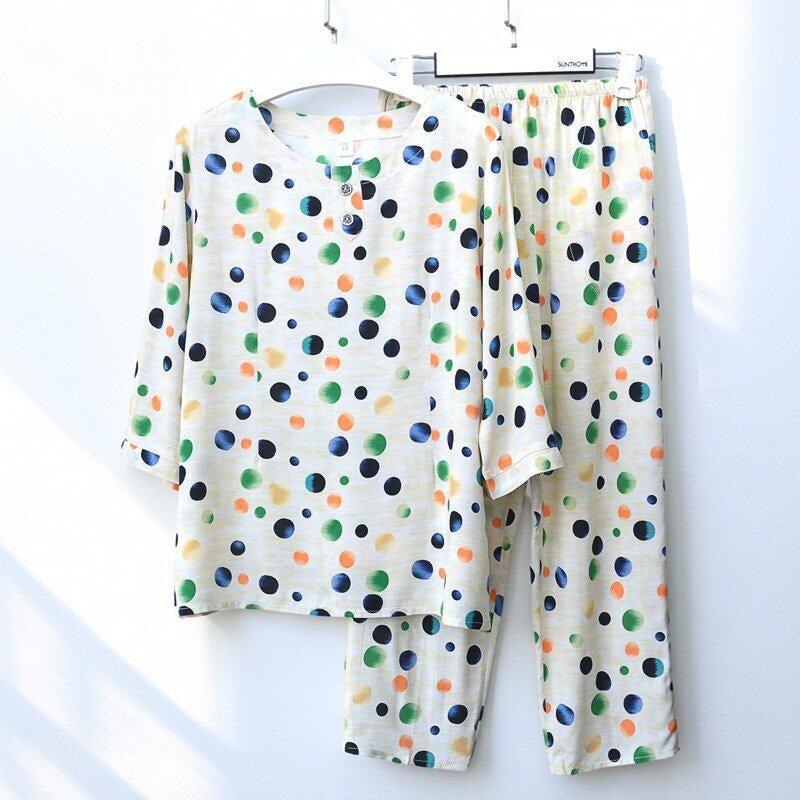 Middle-Aged and Elderly Women''s Summer Thin Cotton Silk Pajamas, Two-Piece Loose Cotton Silk Home Wear Set with Medium Sleeves - Image 4