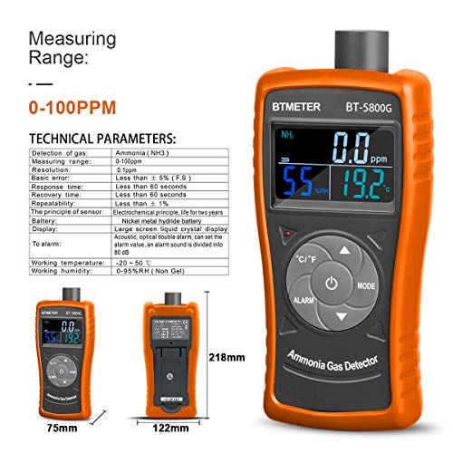 BTMETER BT-5800G Ammonia Gas Detector Sensor, Test for 0~100 PPM Nh3 Monitor Gauge with Temperature Humidity Tester - Image 4
