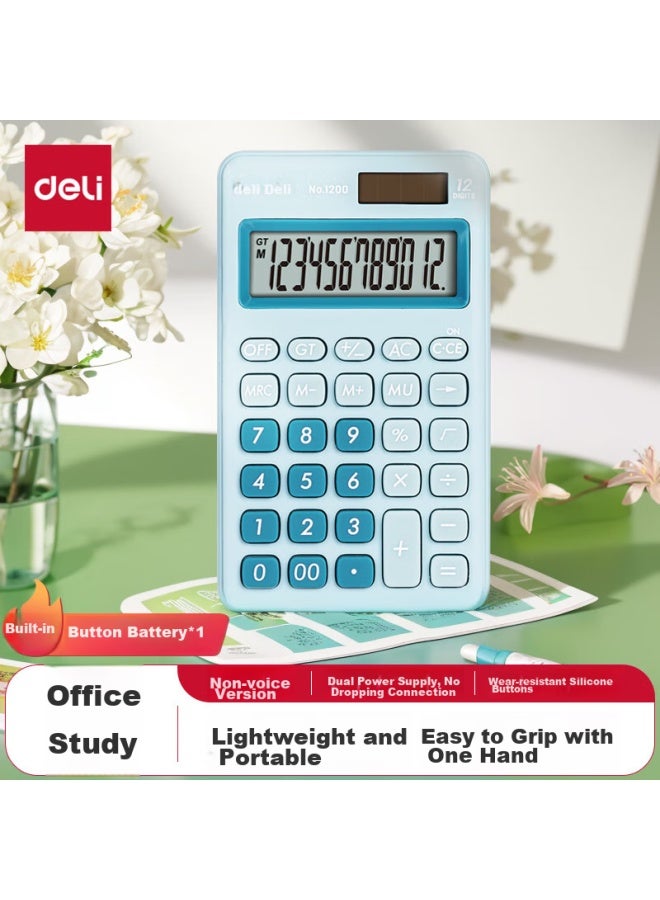 Deli Dual Power Portable Stylish Calculator, Slim Body With Silicone Buttons, Cute Desktop Calculator For 4th Grade Students, Learning Supplies, Light Blue 1200 - Image 1