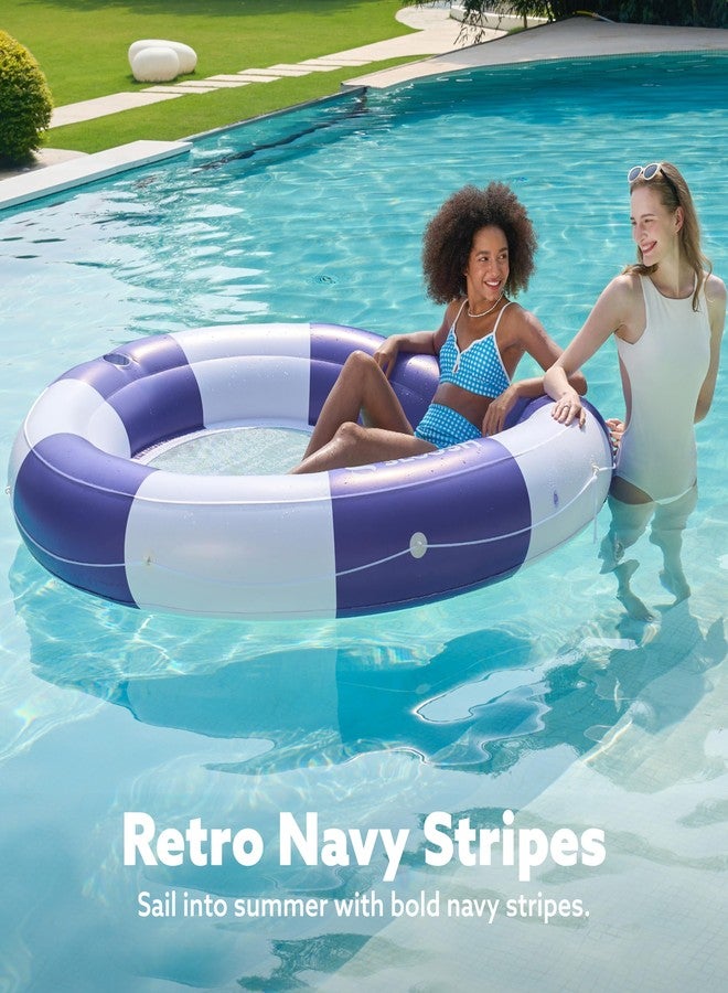 Sloosh عوامة استرخاء قابلة للنفخ لحمامات السباحة من SLOOSH مع شبكة، عوامات حمام سباحة للتشمس مقاس 80 بوصة × 80 بوصة، حلقة استرخاء مزدوجة مستديرة للبالغين، بساط عائم للبحيرة والشاطئ مع حامل أكواب (أزرق داكن مخطط) - Image 2