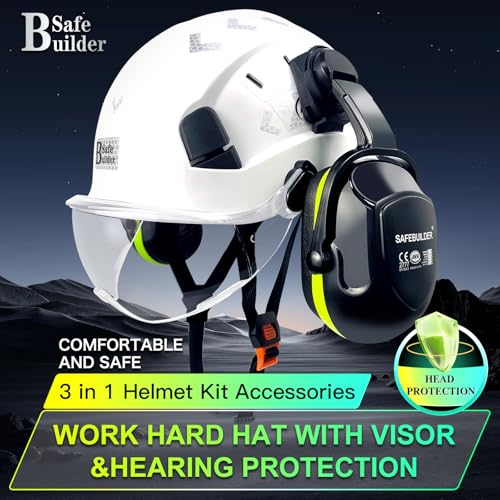 SAFEBUILDER Hard Hat with Visor Ear Muffs Safety Helmet Lightweight Adjustable Vented Work Helmet 6-Point Suspension ANSI Z89.1 Approved Construction Head Protection (White+Clear Visor+B&G 07E) - Image 2