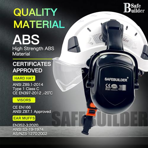 SAFEBUILDER Hard Hat with Visor Ear Muffs Safety Helmet Lightweight Adjustable Vented Work Helmet 6-Point Suspension ANSI Z89.1 Approved Construction Head Protection (White+Clear Visor+B&G 07E) - Image 3
