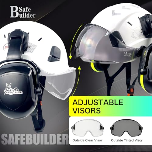 SAFEBUILDER Hard Hat with Visor Ear Muffs Safety Helmet Lightweight Adjustable Vented Work Helmet 6-Point Suspension ANSI Z89.1 Approved Construction Head Protection (White+Clear Visor+B&G 07E) - Image 5